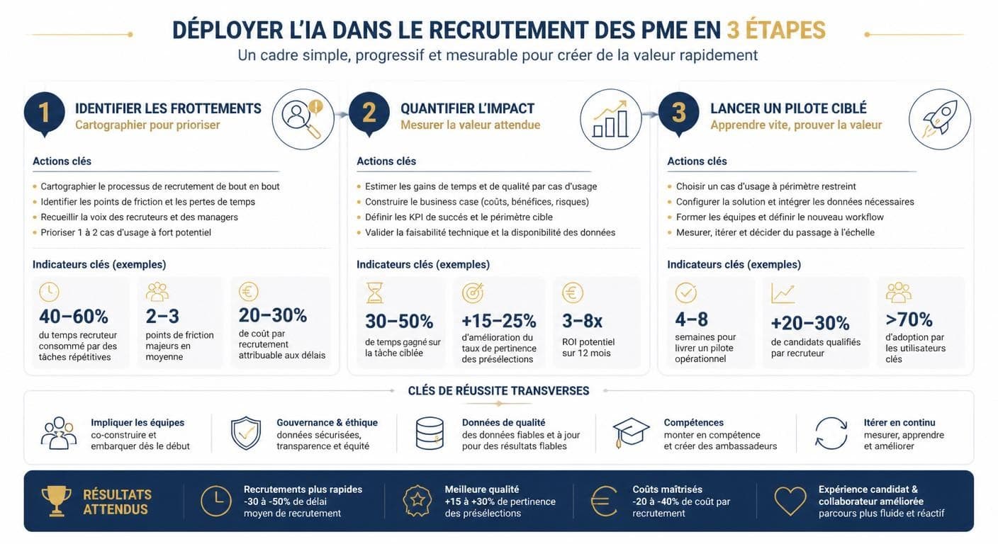 Infographie de la méthode en 3 étapes pour déployer l'IA dans le recrutement d'une PME