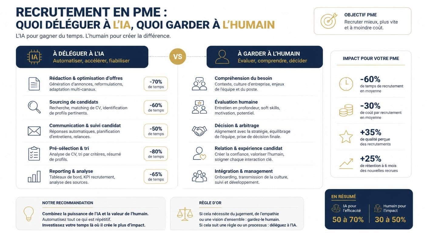 Infographie répartissant les tâches de recrutement entre celles confiées à l'IA et celles réservées à l'humain en PME