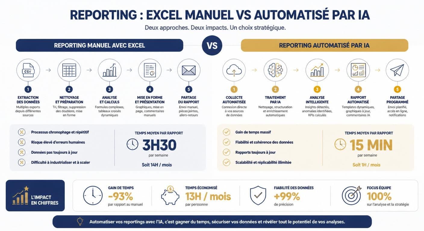 Infographie comparant le reporting Excel manuel et le reporting automatisé par l'IA