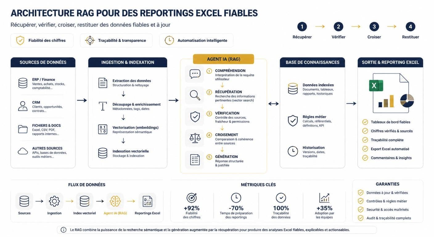 Infographie de l'architecture RAG pour un reporting Excel fiable