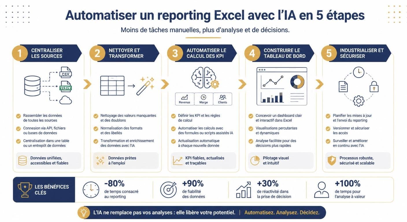 Infographie des 5 étapes pour automatiser un reporting Excel avec l'IA
