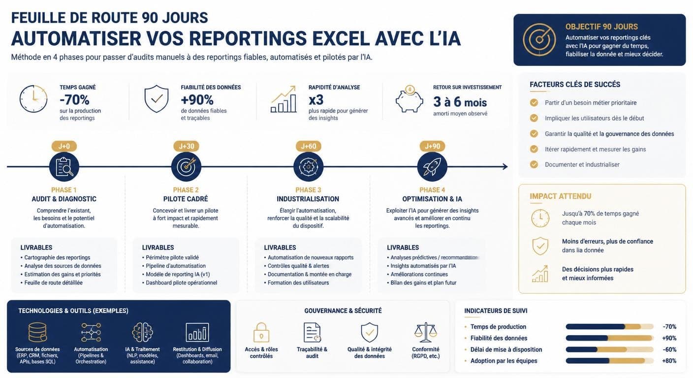 Infographie de la feuille de route 90 jours pour automatiser un reporting Excel avec l'IA