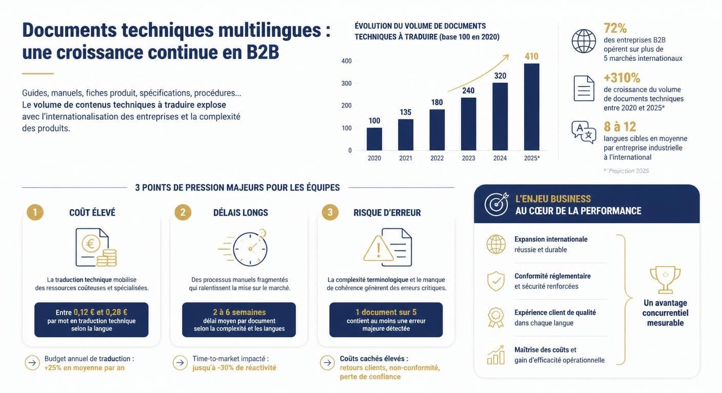 Infographie montrant la montée du volume de documents techniques multilingues en entreprise