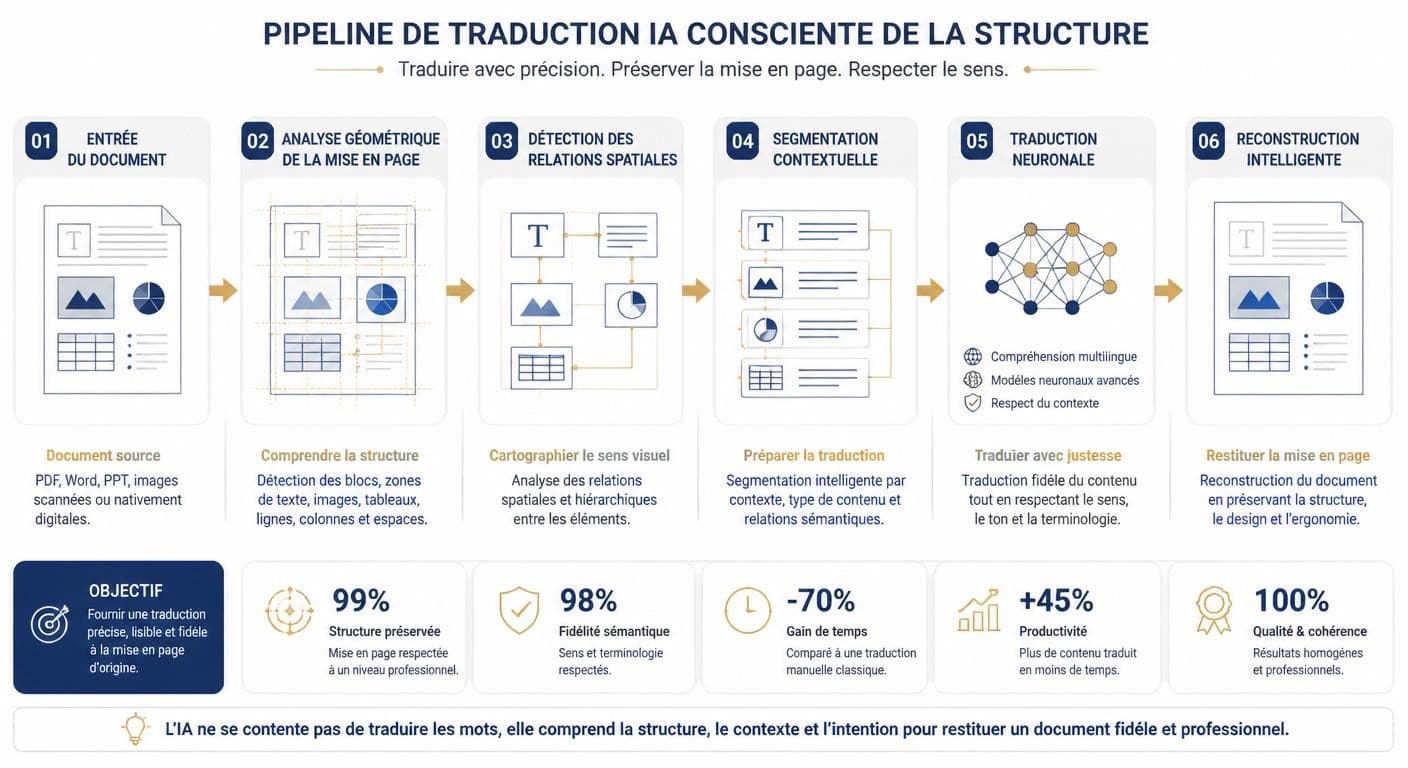 Schéma pleine largeur du pipeline de traduction de documents techniques par IA, de l'analyse de structure au contrôle qualité