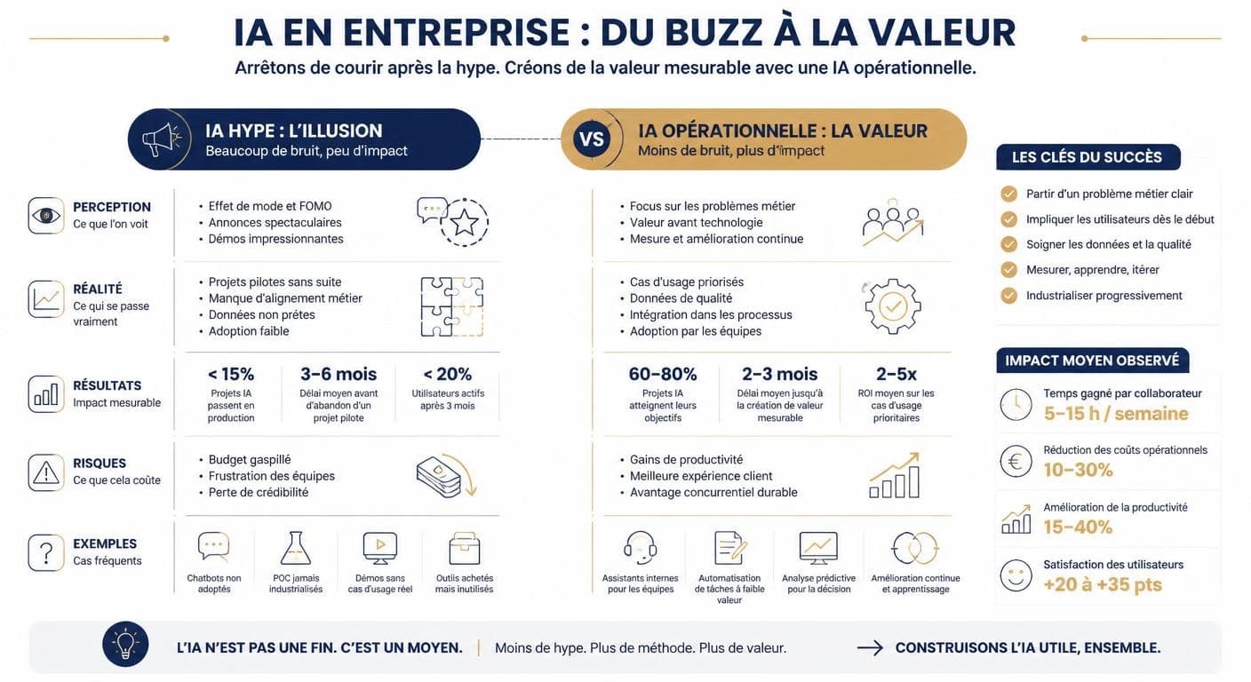 Infographie opposant le battage médiatique sur l'IA et la valeur opérationnelle réelle en entreprise