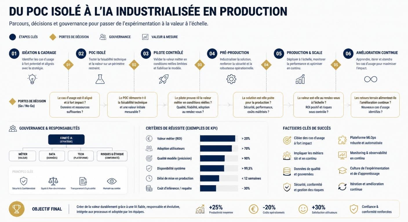 Infographie du passage de l'expérimentation à l'industrialisation de l'IA en entreprise