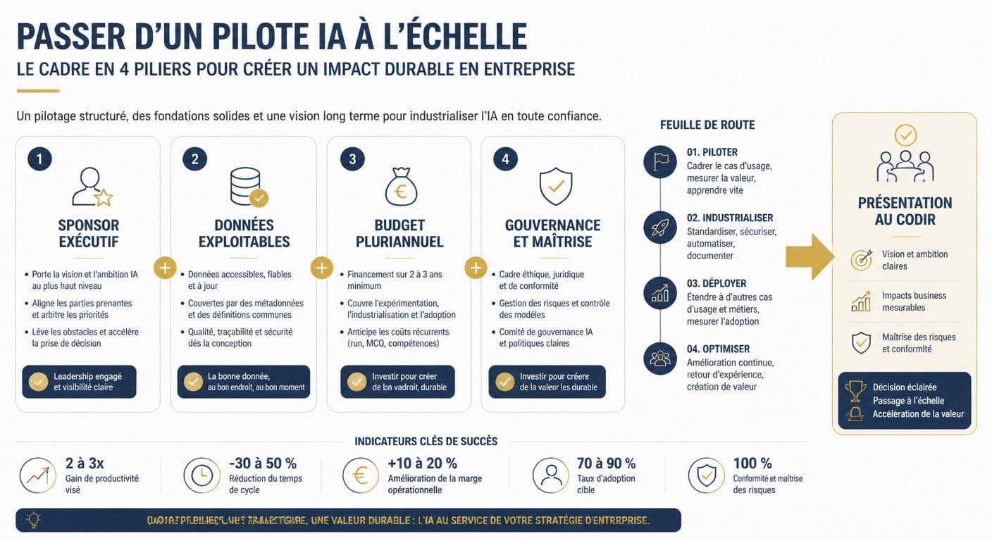 Infographie des 4 conditions pour industrialiser un pilote IA et construire une roadmap défendable en CODIR