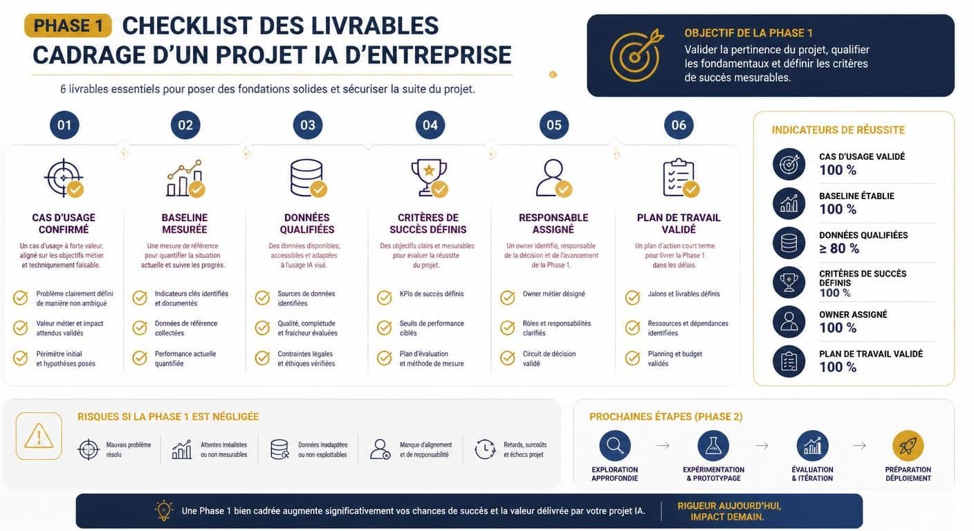 Infographie des livrables de la phase de cadrage d'un projet IA en entreprise