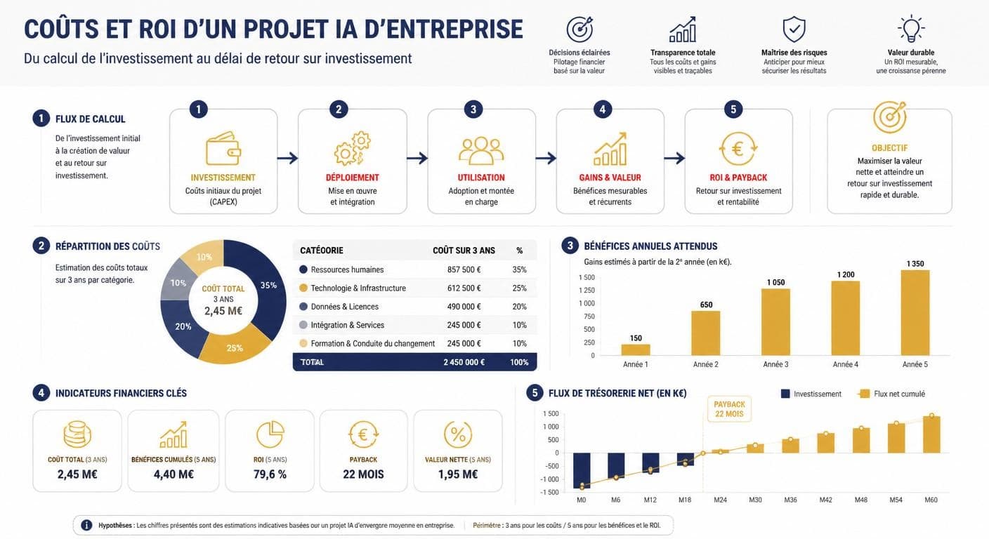 Infographie de la décomposition des coûts et du calcul du ROI d'un projet IA en entreprise