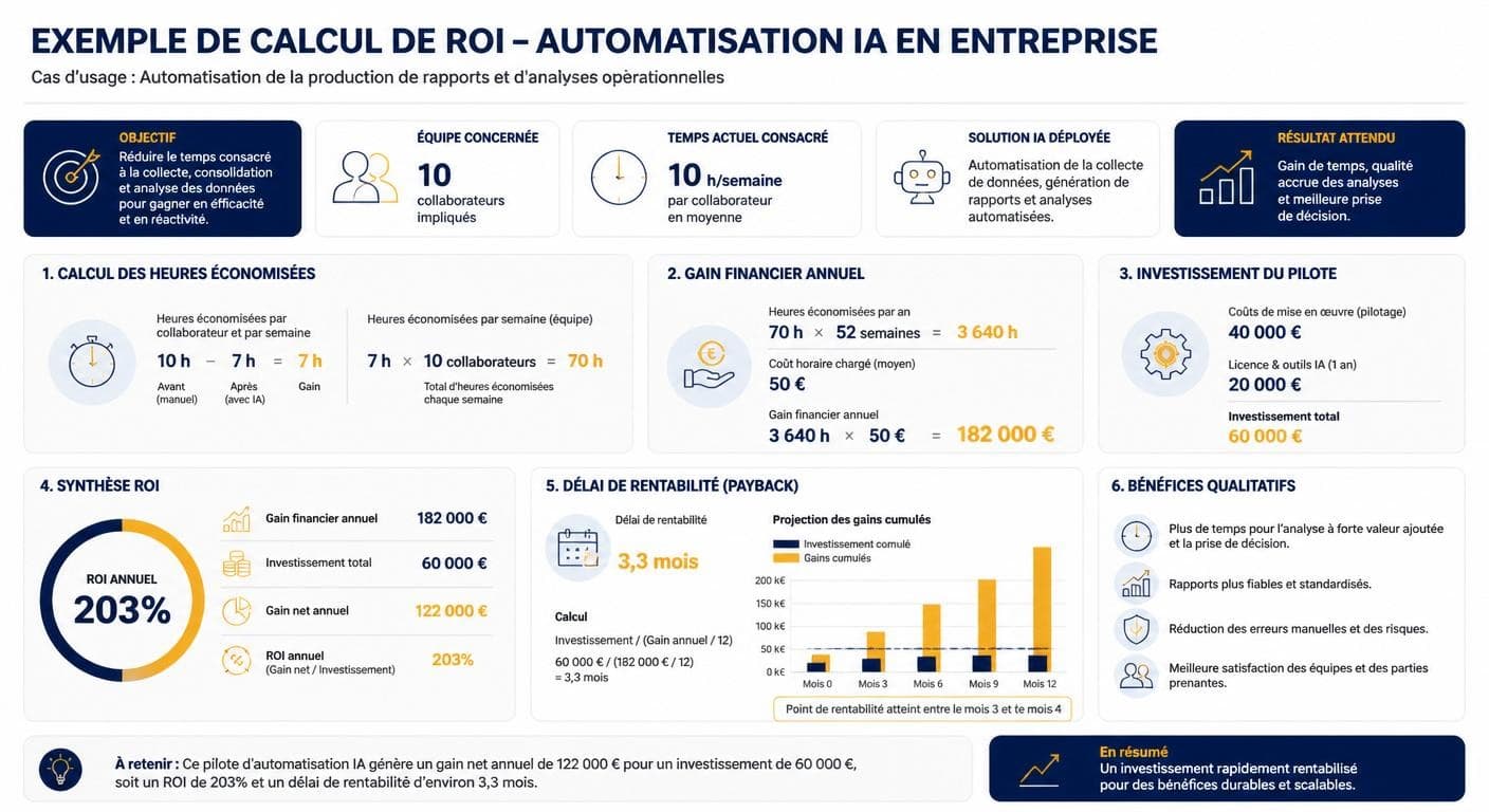 Infographie d'un exemple chiffré de calcul de ROI d'un cas d'usage IA en entreprise