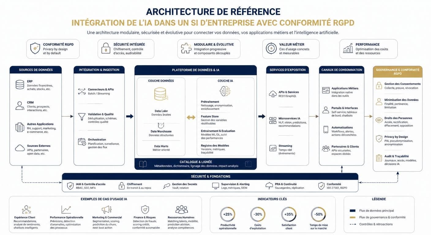 Schéma d'architecture d'intégration de l'IA dans le système d'information d'entreprise conforme RGPD