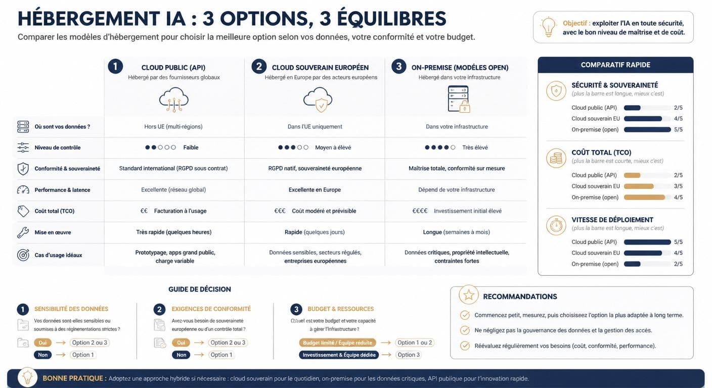 Infographie comparant les trois options d'hébergement IA selon la sensibilité des données