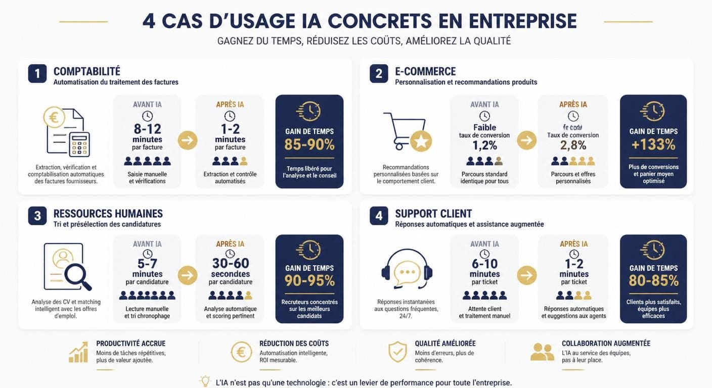 Infographie des cas d'usage IA par métier : comptabilité, e-commerce, RH et support client