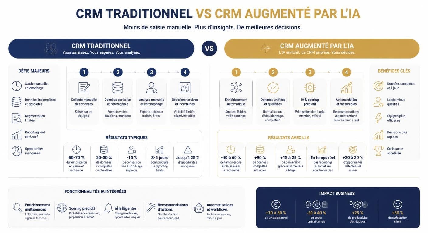 Infographie comparant un CRM classique et un CRM augmenté par l'intelligence artificielle