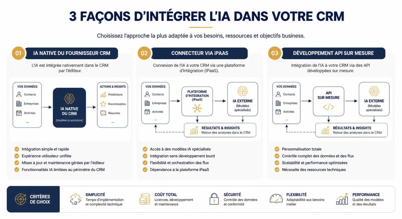 Infographie des trois approches d'intégration de l'IA dans un CRM