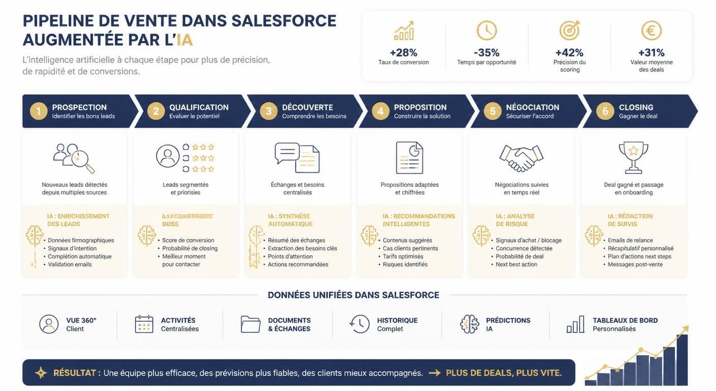 Infographie d'un pipeline Salesforce augmenté par l'IA à chaque étape