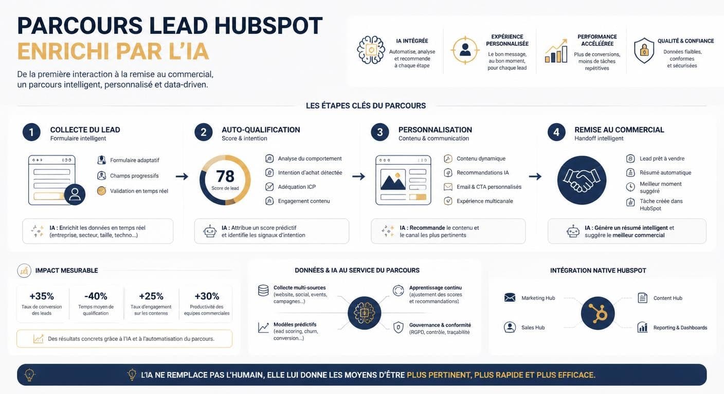 Infographie du parcours d'un lead HubSpot enrichi par l'intelligence artificielle