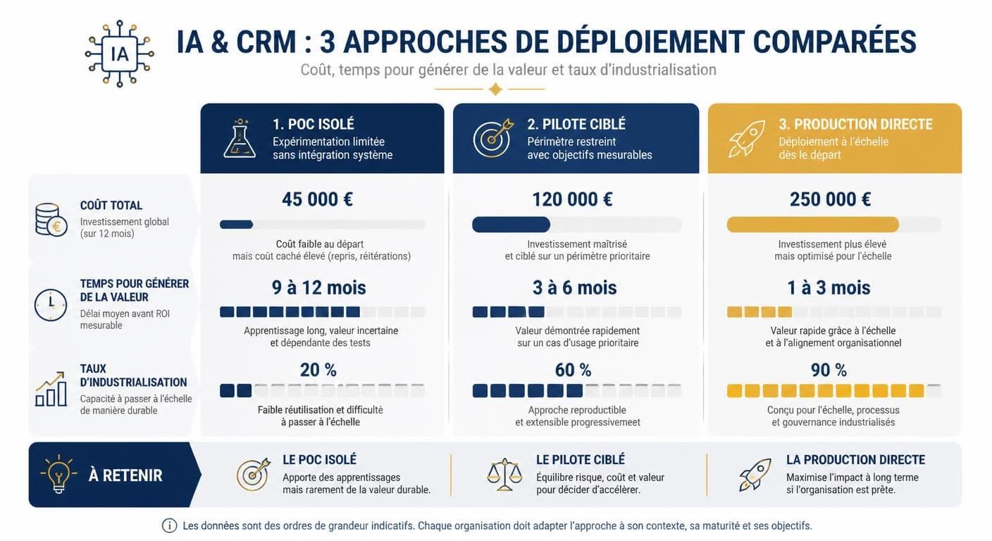 Infographie comparant coût et ROI de trois approches de déploiement d'une IA dans le CRM