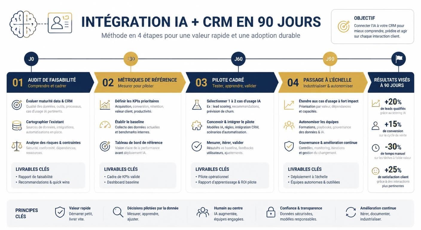 Infographie de la méthode d'intégration IA CRM en 90 jours
