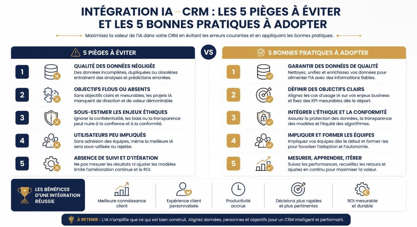 Infographie des pièges à éviter et bonnes pratiques d'une intégration IA CRM