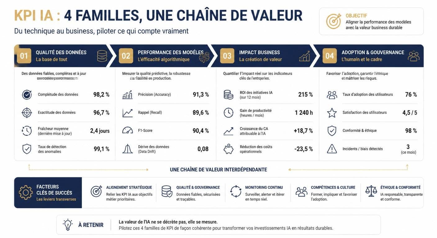 Infographie cartographiant les quatre familles de KPI IA de la donnée au business