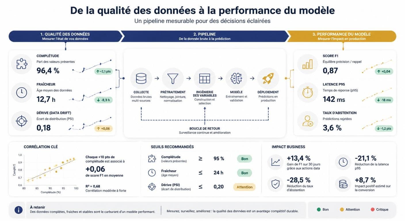 Infographie reliant les métriques de qualité des données aux métriques de performance des modèles IA
