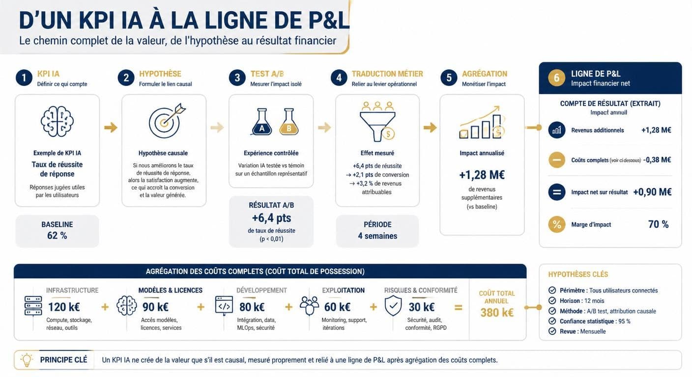 Infographie reliant un indicateur IA à une ligne de compte de résultat via une hypothèse causale testée