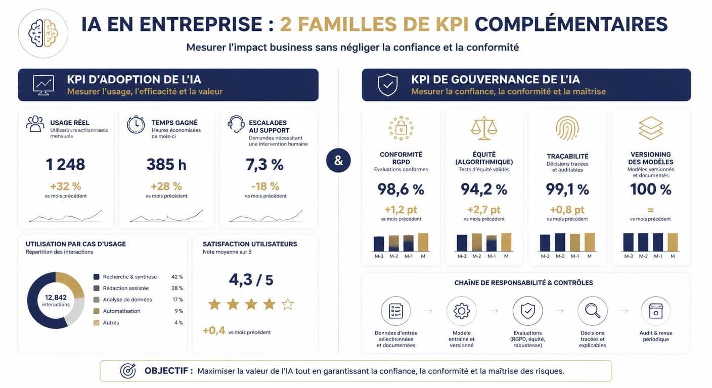 Infographie distinguant les KPI d'adoption des KPI de gouvernance de l'IA