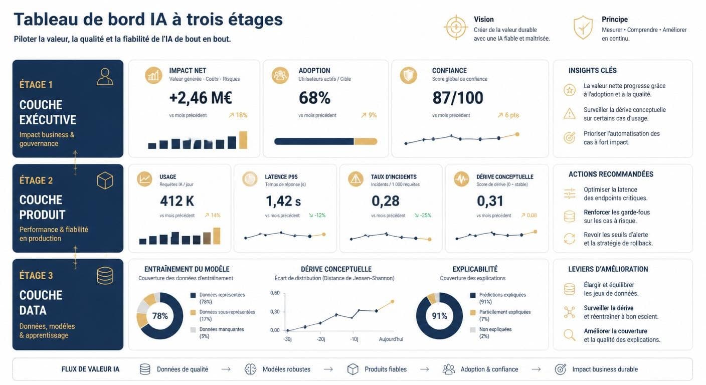 Infographie d'un tableau de bord IA à trois niveaux exécutif, produit et data