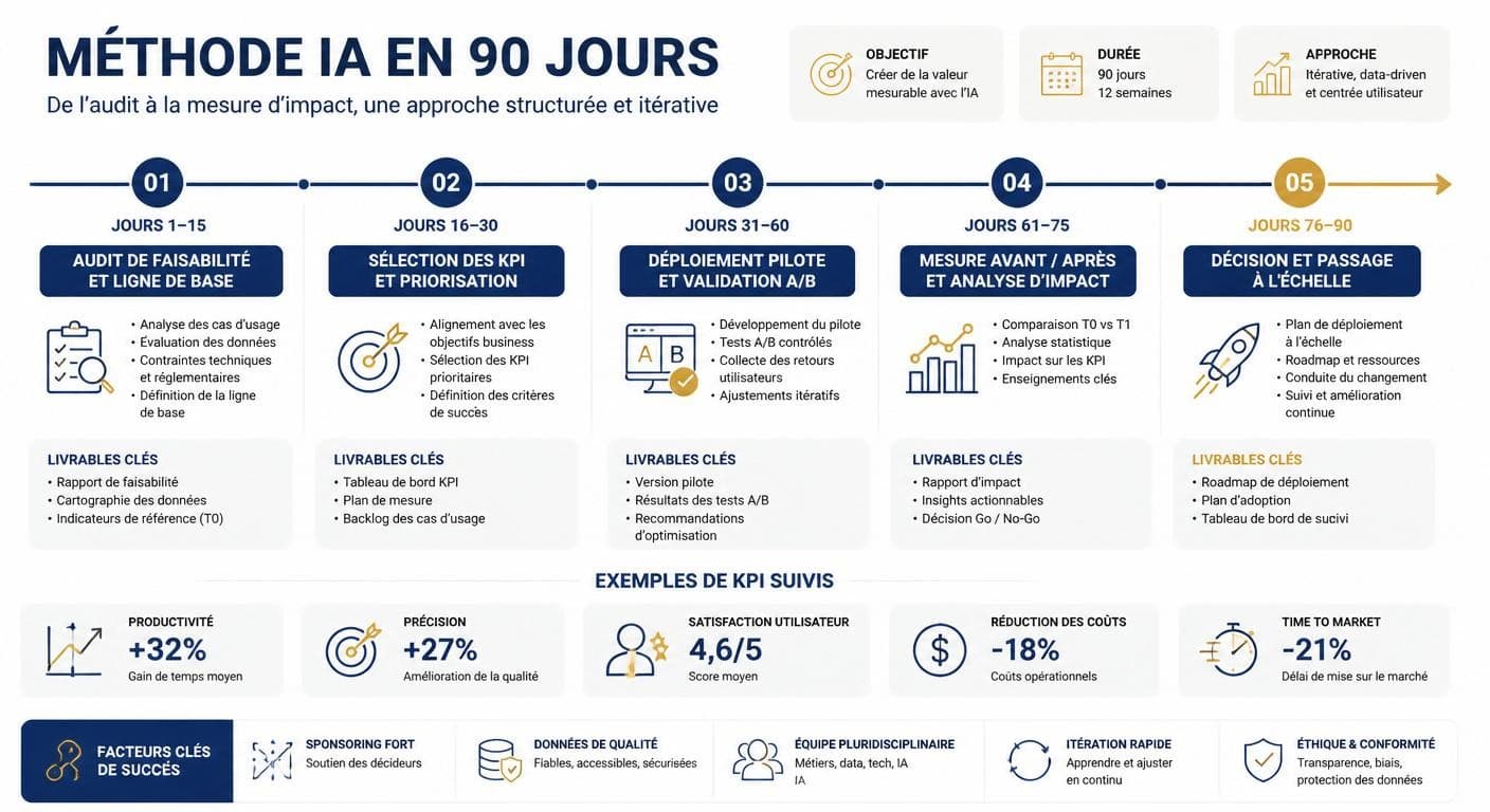Infographie de la méthode 90 jours reliant audit de faisabilité et métriques avant/après d'un projet IA