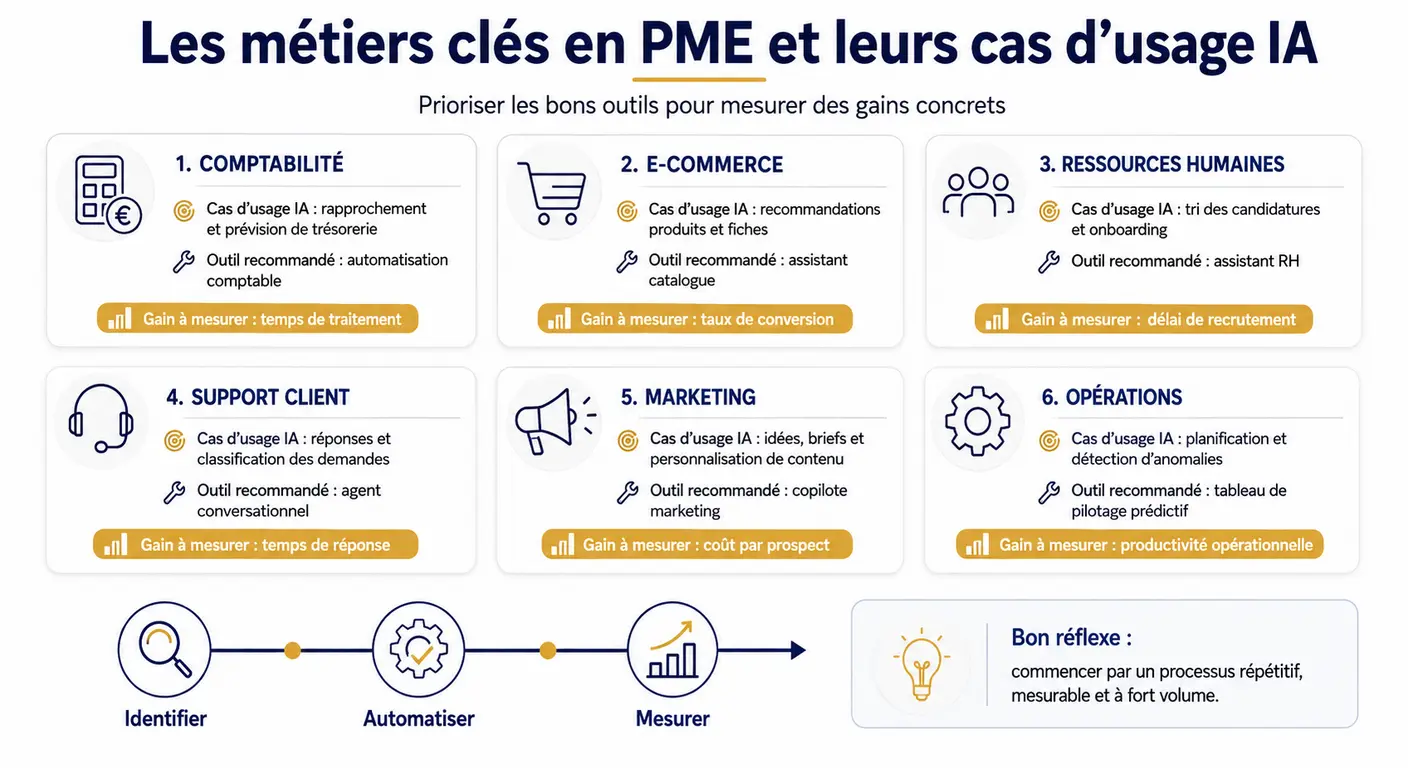 Infographie des principaux métiers en PME et de leurs cas d'usage IA prioritaires