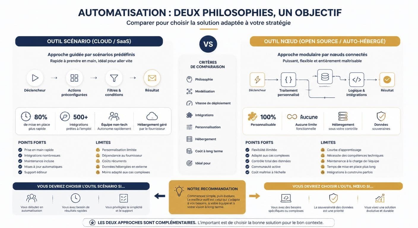 Infographie comparant les deux philosophies d'automatisation de n8n et Make