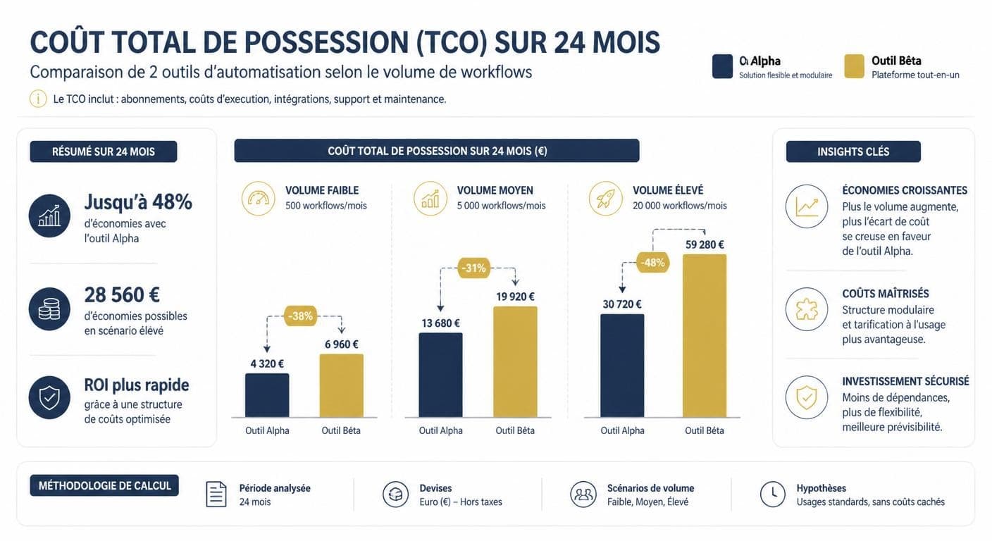 Infographie du coût total de possession de n8n et Make sur 24 mois