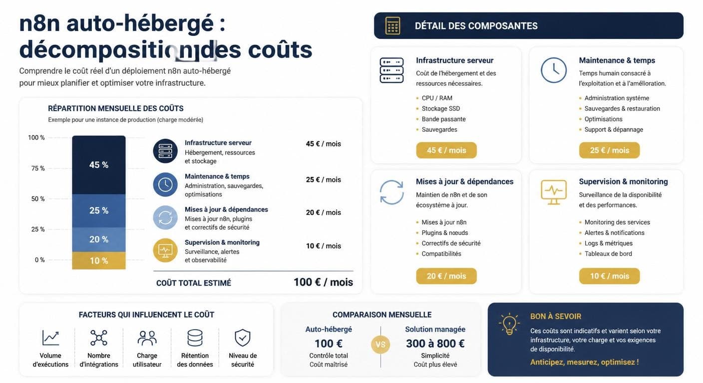 Infographie de la décomposition des coûts d'un déploiement n8n self-hosted