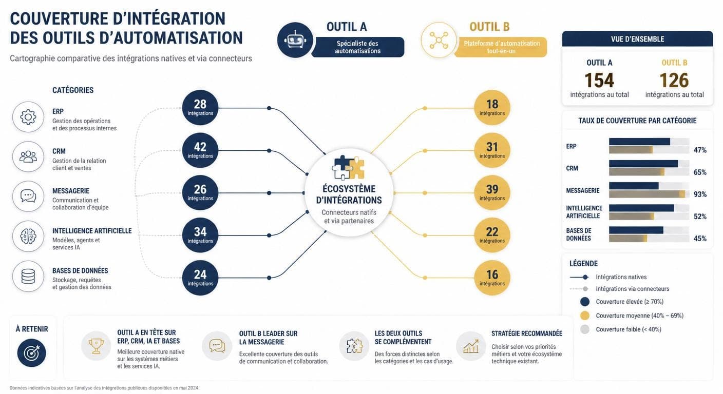 Infographie de la couverture des connecteurs n8n et Make par catégorie