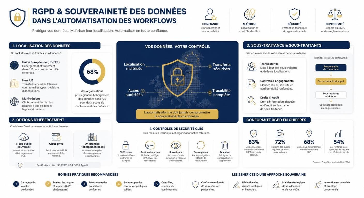 Infographie sur la conformité RGPD et l'hébergement des données pour n8n et Make