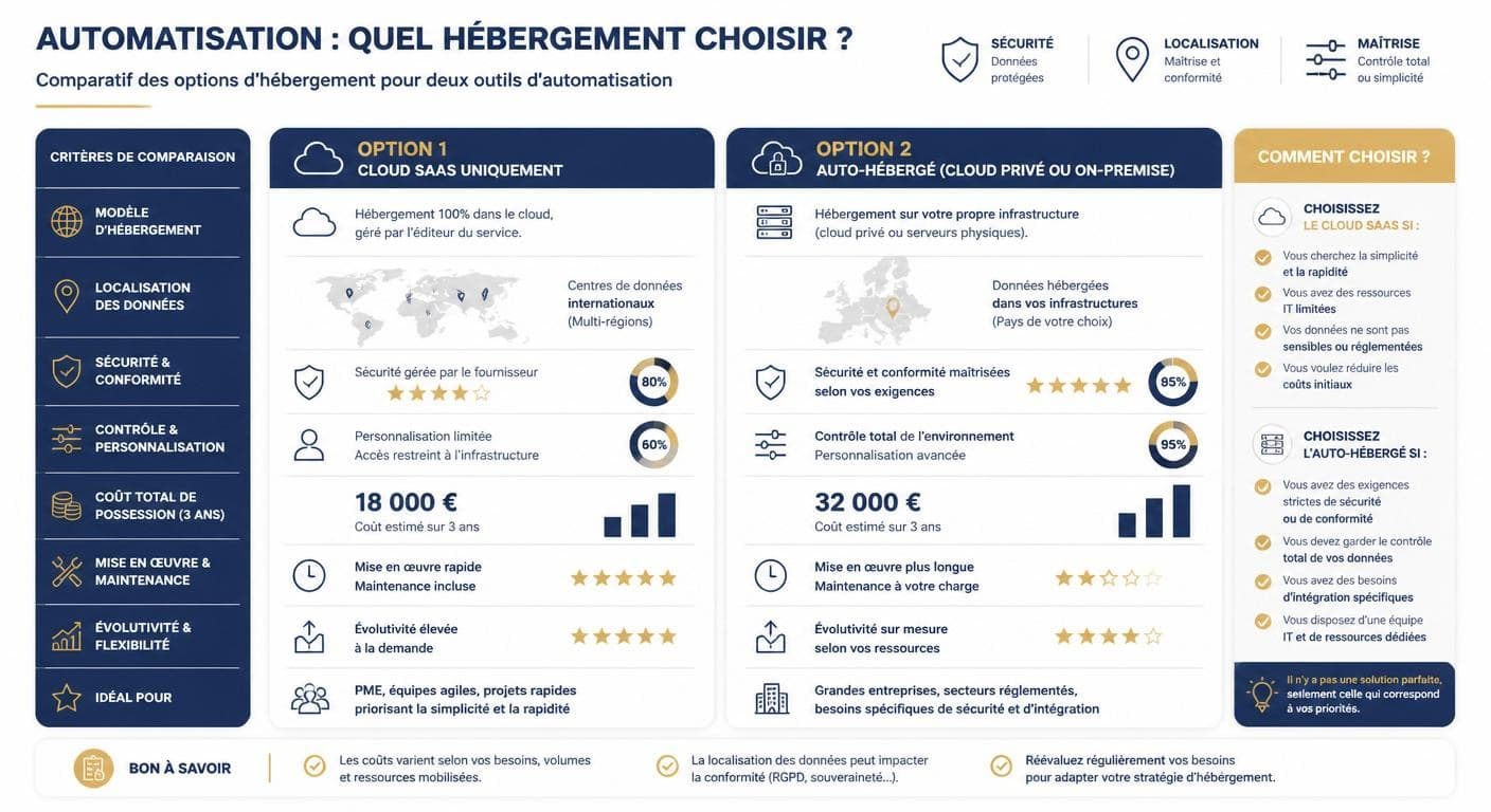 Infographie comparant les options d'hébergement de n8n et Make