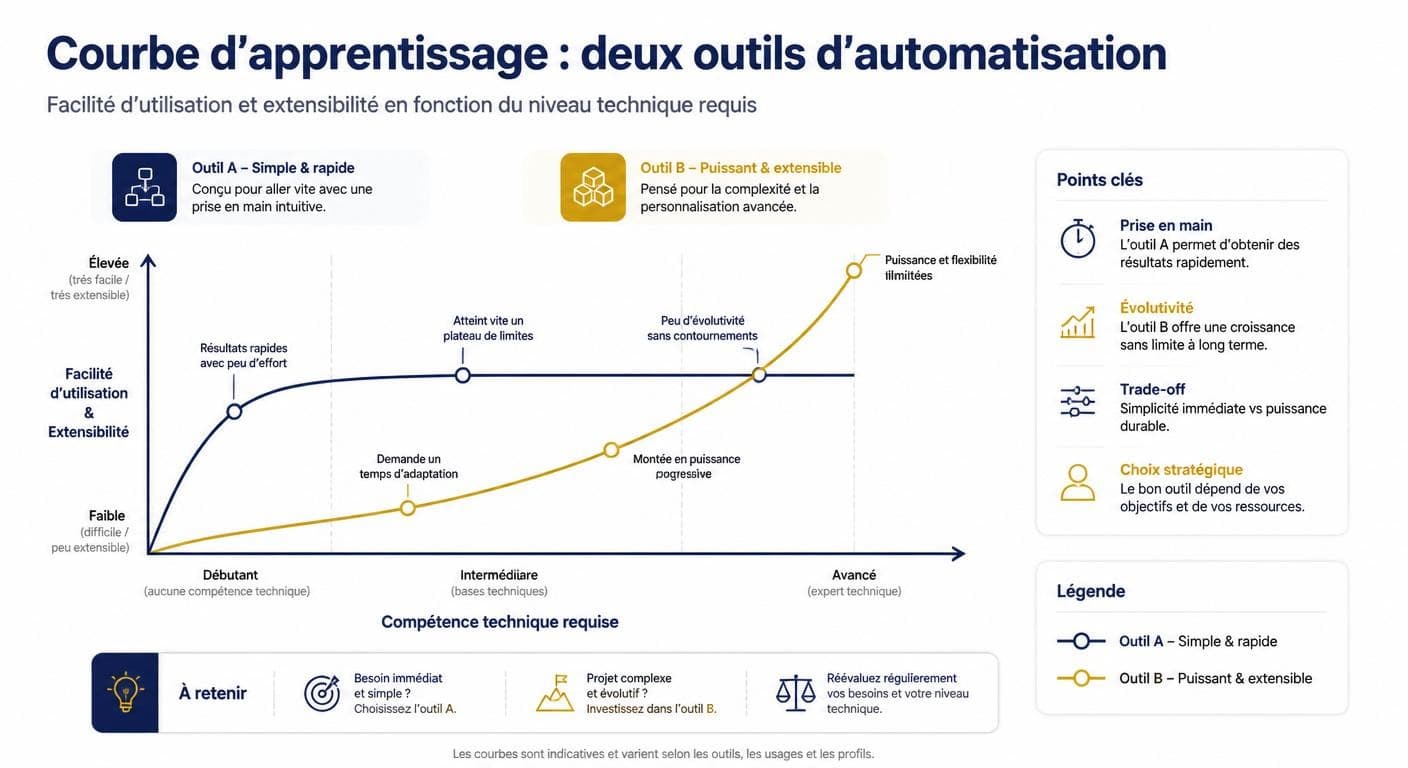 Infographie de la courbe d'apprentissage comparée de n8n et Make