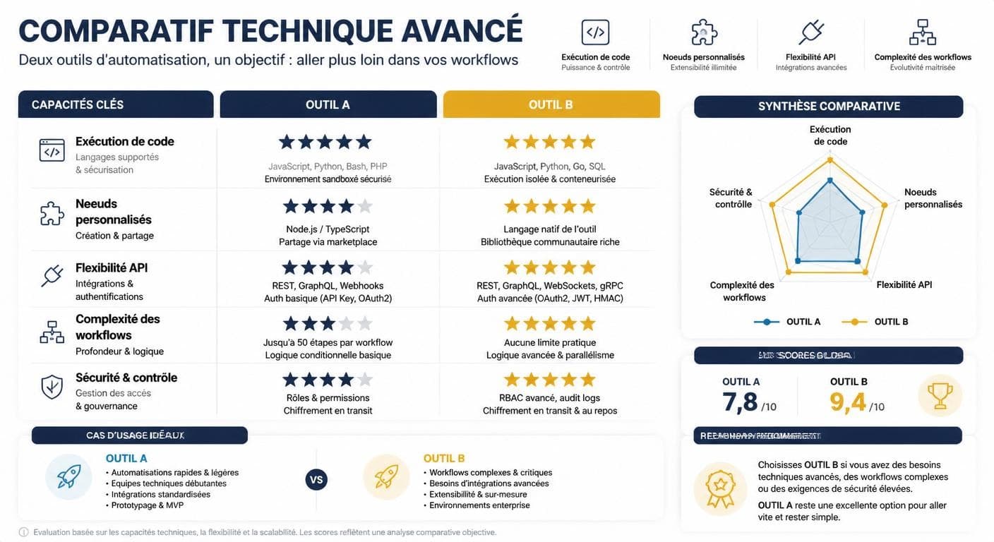 Infographie des capacités techniques comparées de n8n et Make
