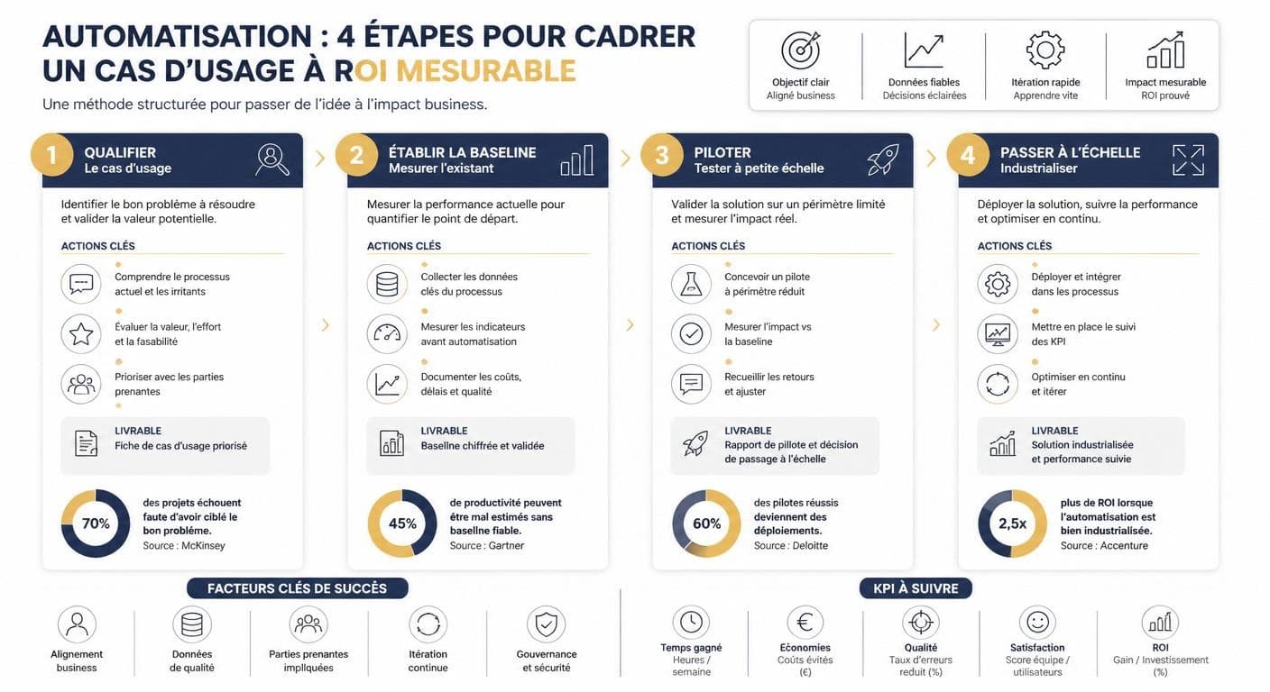 Infographie des 4 étapes pour cadrer une automatisation à ROI mesurable