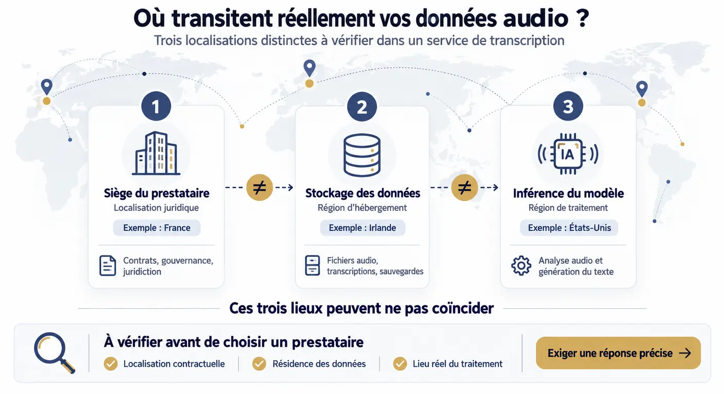 Trois localisations distinctes dans un service de transcription de réunion