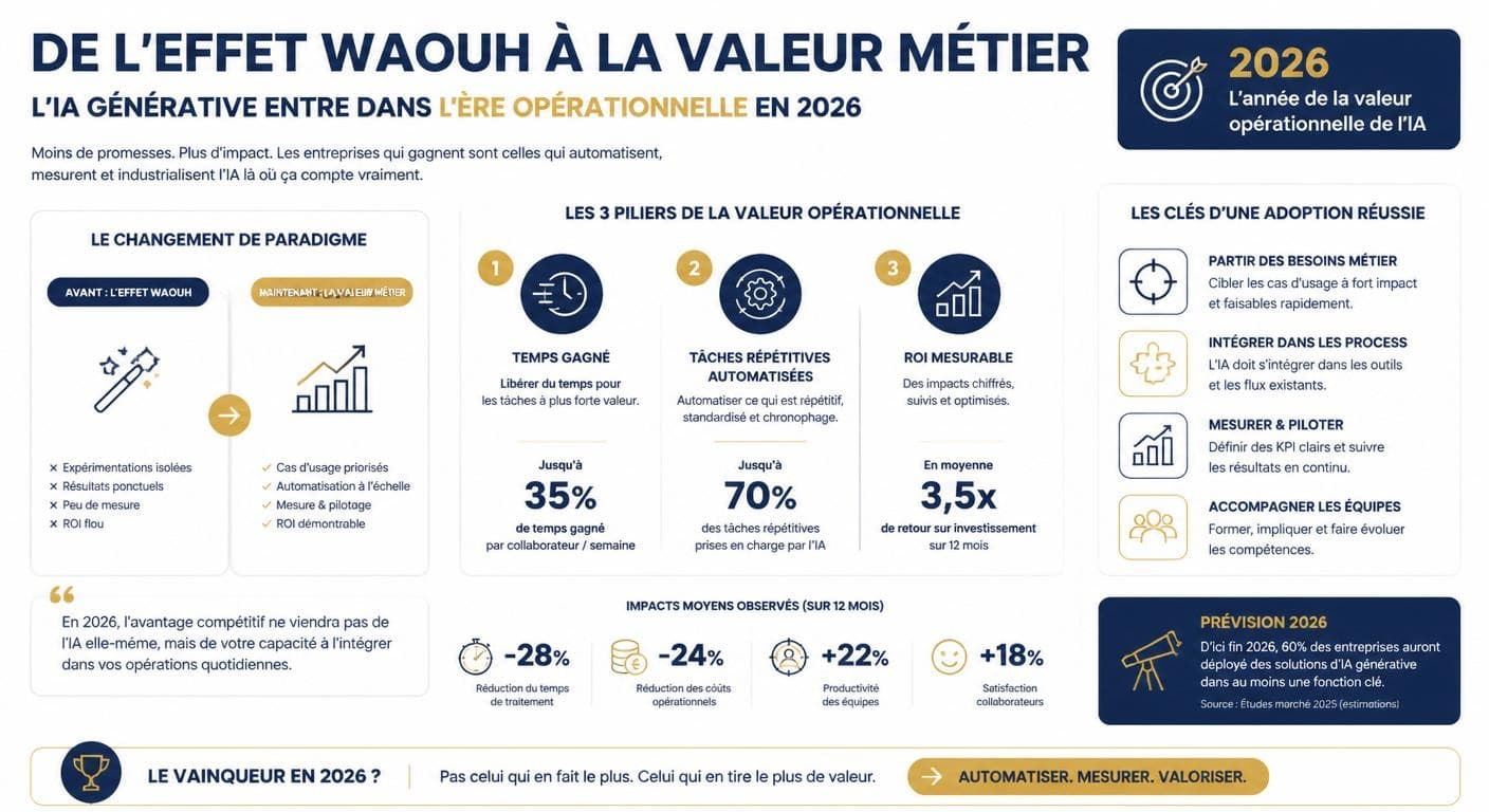 Infographie du passage de l'IA générative à l'IA opérationnelle en entreprise en 2026