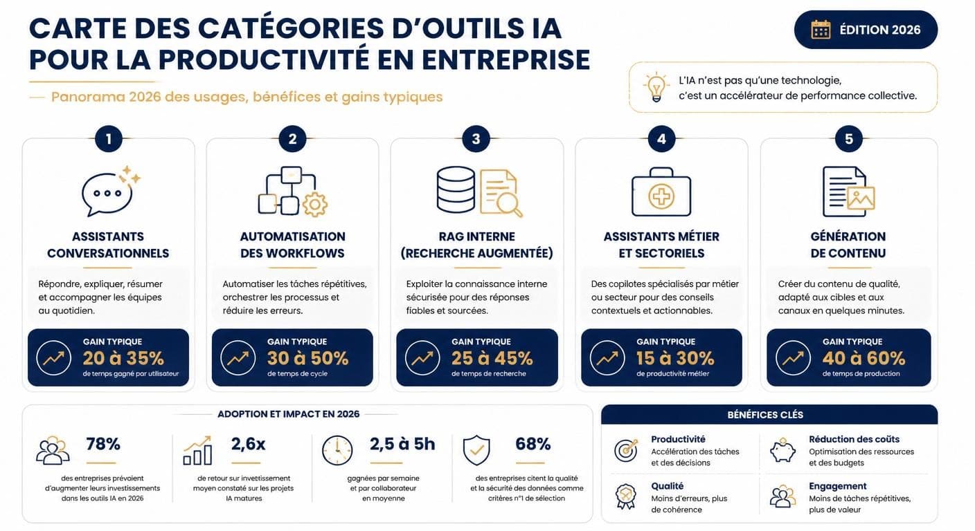 Infographie des catégories d'outils IA de productivité en entreprise en 2026