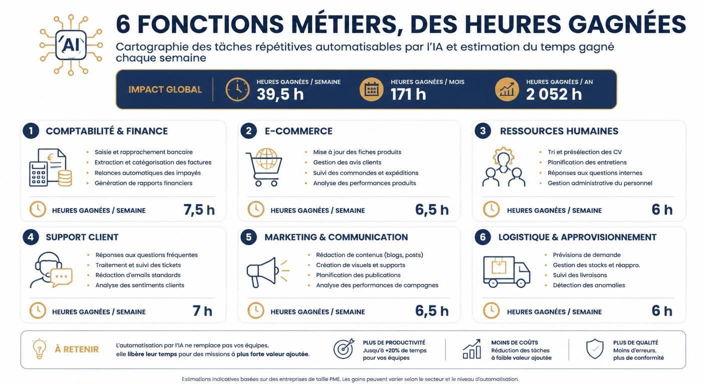 Infographie des tâches répétitives automatisées par l'IA selon la fonction de l'entreprise