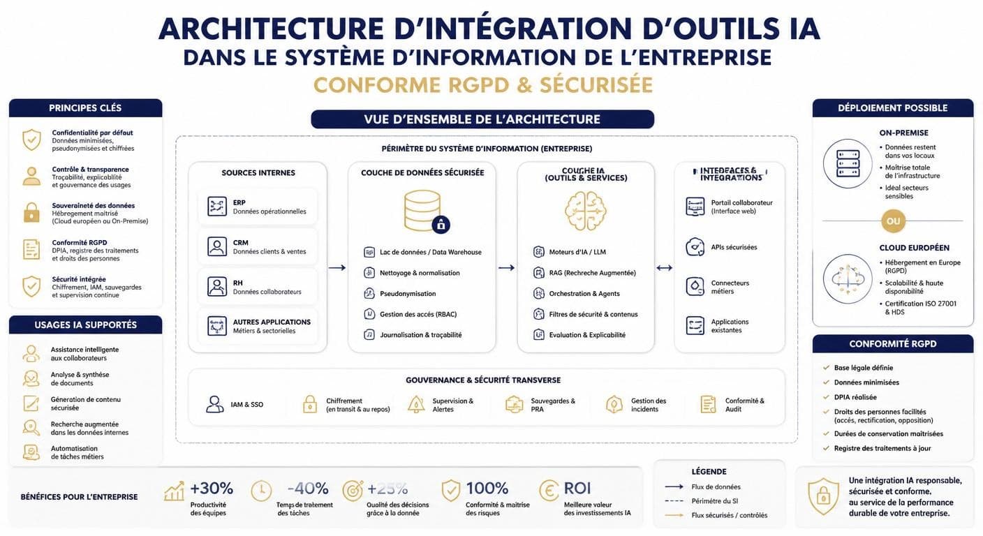 Infographie de l'intégration conforme RGPD d'un outil IA dans le système d'information