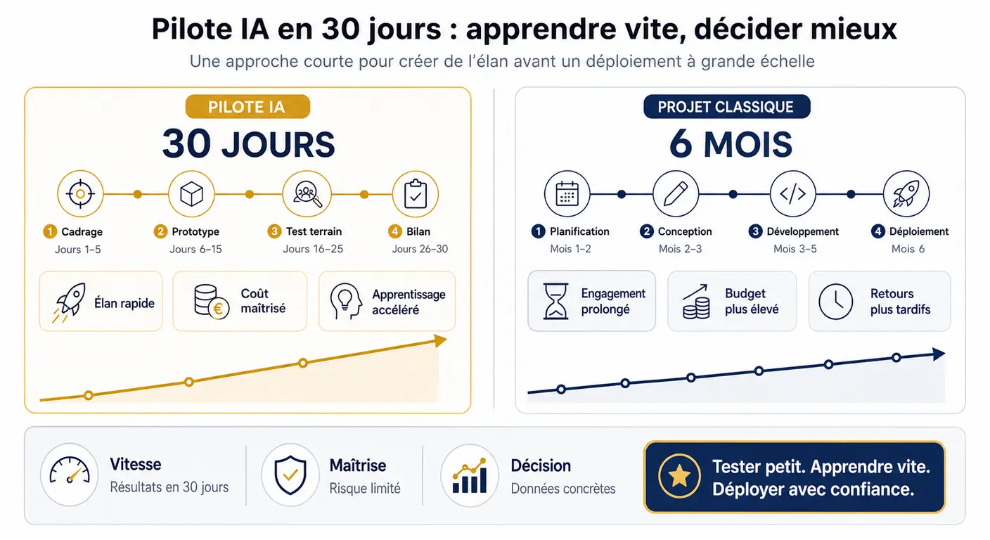 Comparaison entre un horizon de pilote IA de 30 jours et un projet de 6 mois
