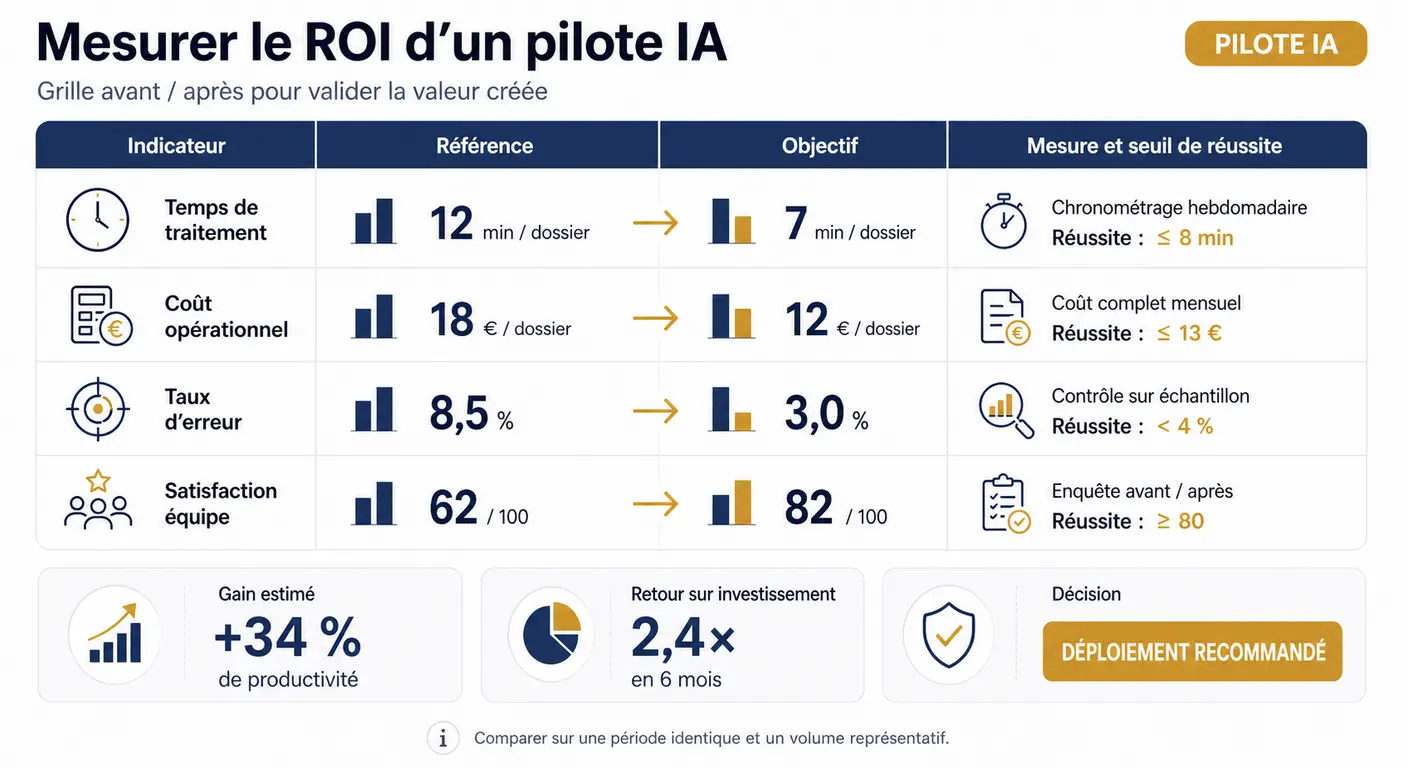 Grille de mesure du ROI avant et après un pilote IA