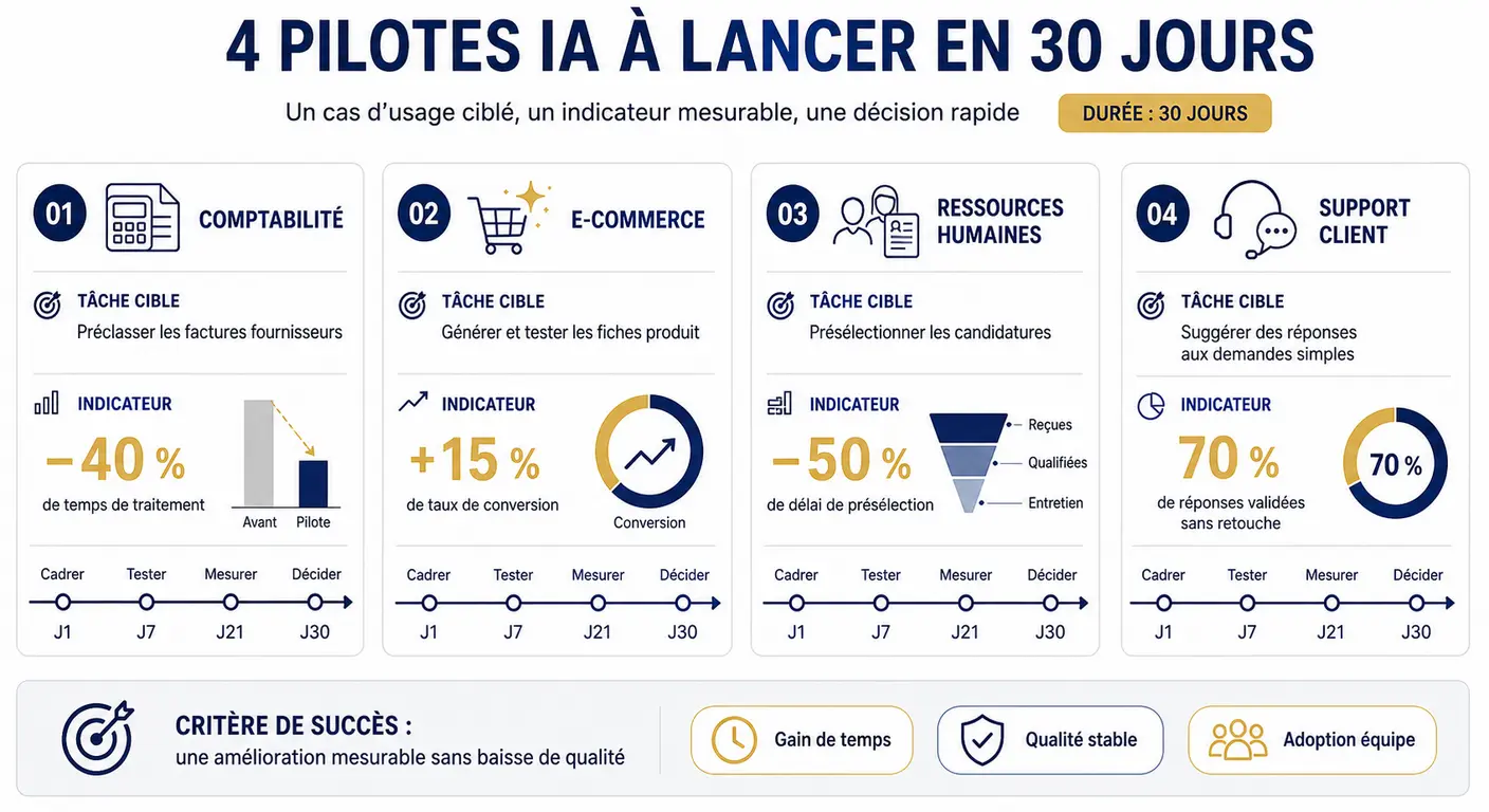 Quatre pilotes IA de 30 jours par secteur avec leur métrique cible