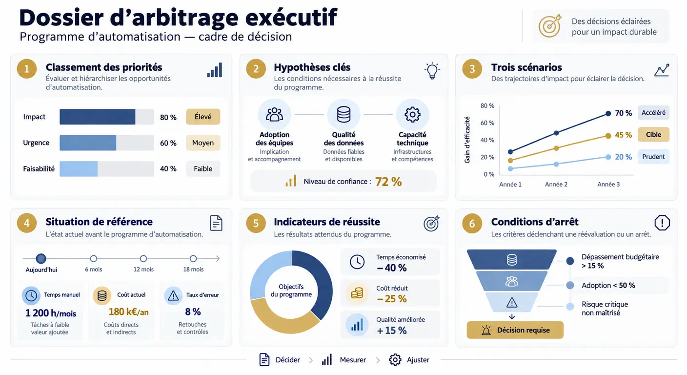 Structure en six blocs d'un dossier d'arbitrage d'automatisation pour un comité de direction