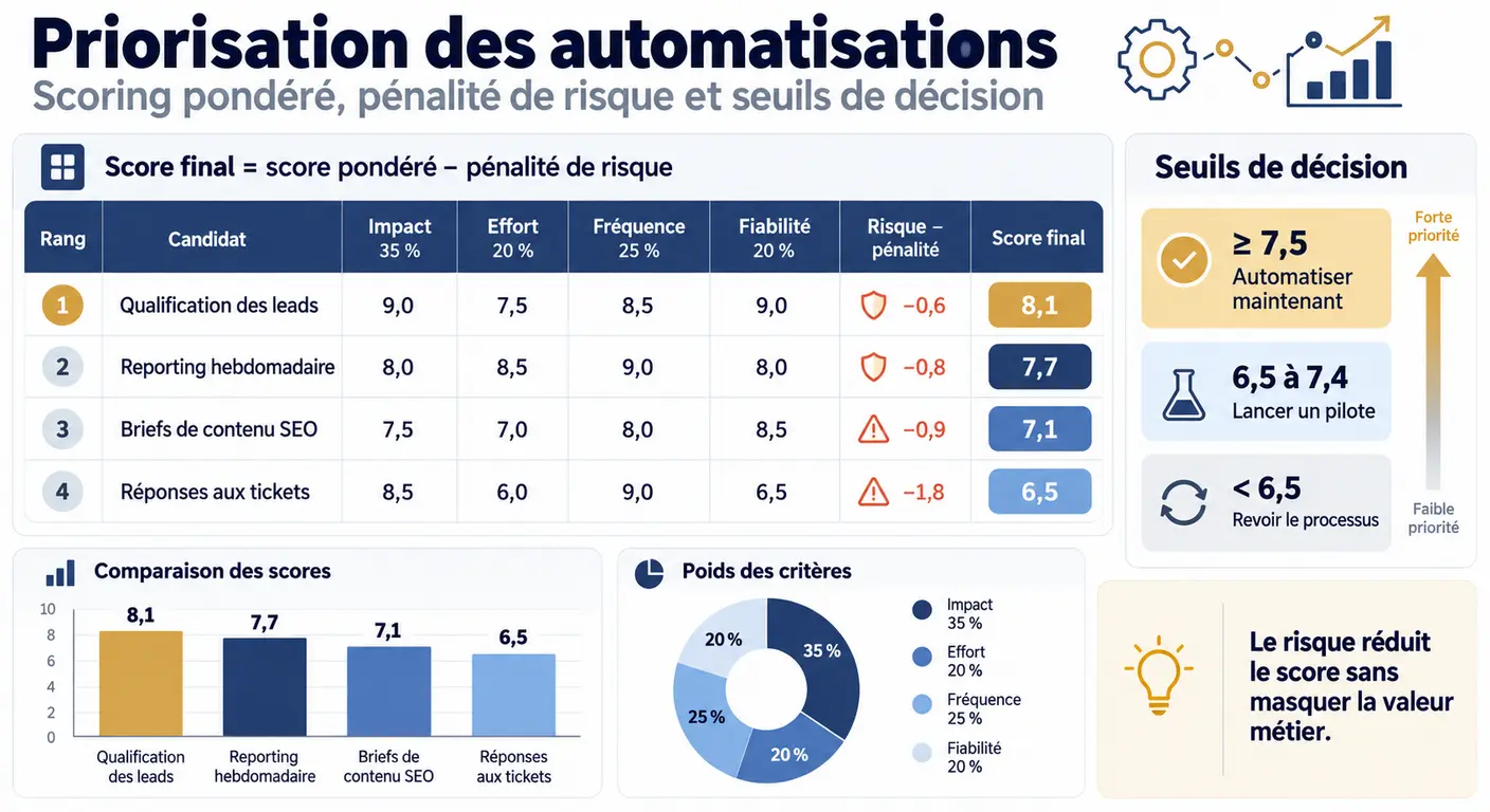 Grille de scoring pondérée classant quatre processus candidats à l'automatisation